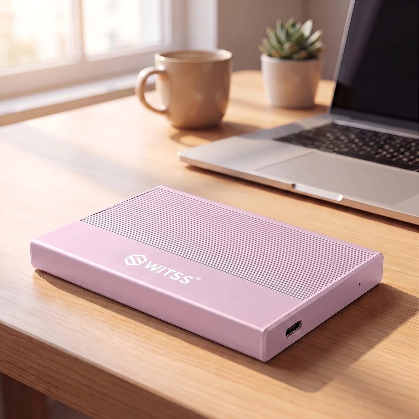 De roze Switss 2,5 inch behuizing op een houten bureau, met een laptop en een kop koffie erachter