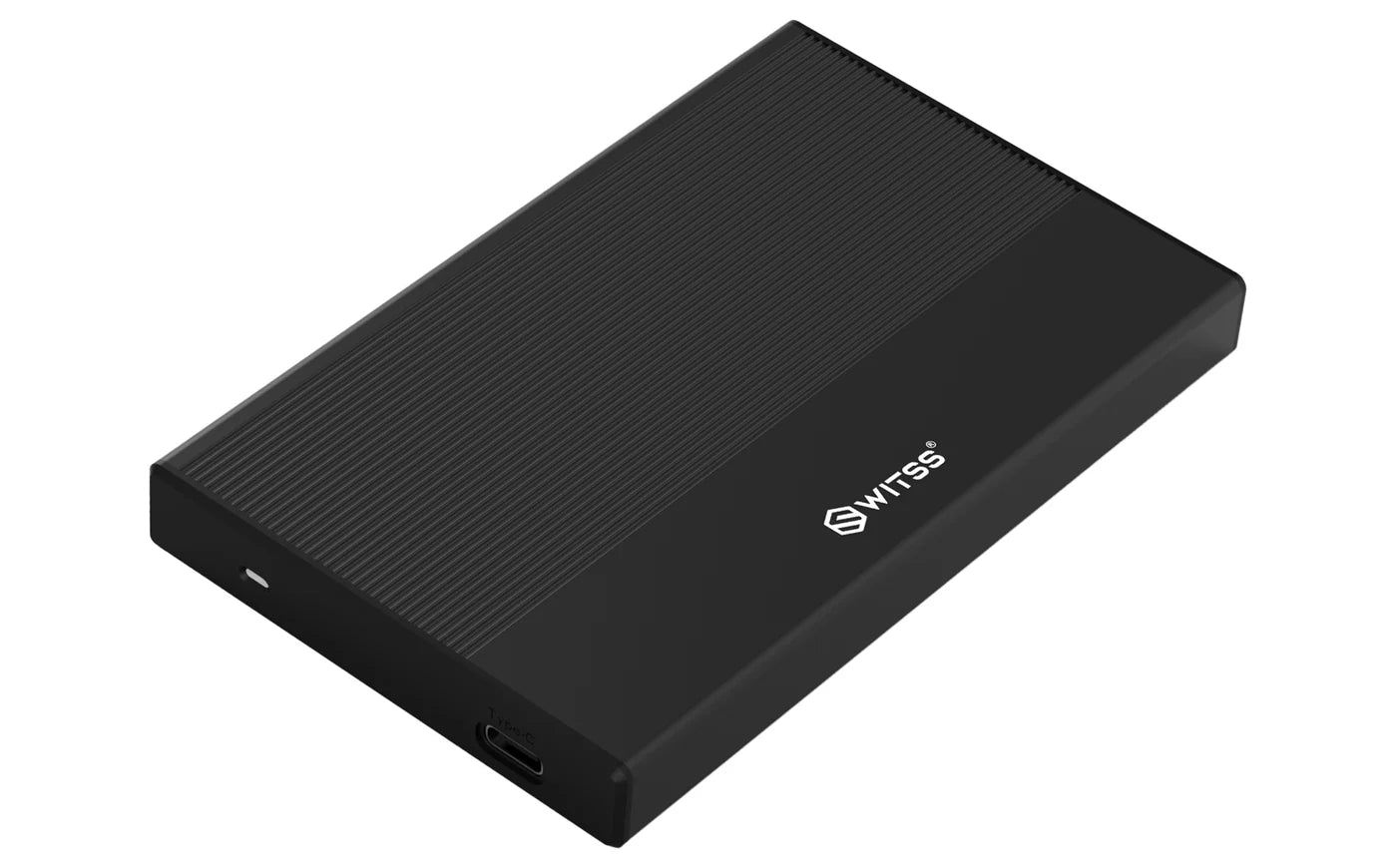 De zwarte behuizing schuin van voren: de geribbelde bovenkant en de USB-C-poort in de korte kant