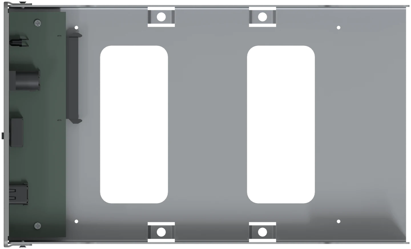 Bovenaanzicht van het lege frame, met de plek van een 3,5 inch en een 2,5 inch schijf tegen dezelfde aansluiting