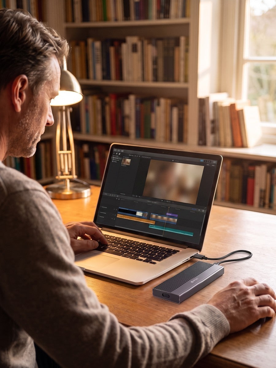 A man works at a desk with a bookshelf wall, the Switss M.2 enclosure connected to his laptop