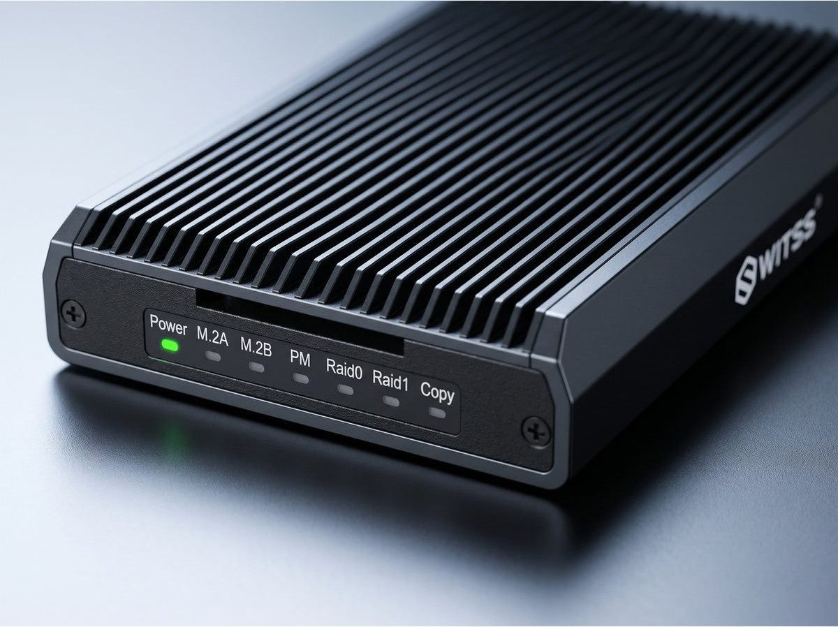 Switss® RAID Dual-Bay enclosure on a desk, front panel with the Raid0/Raid1/Copy label row clearly visible