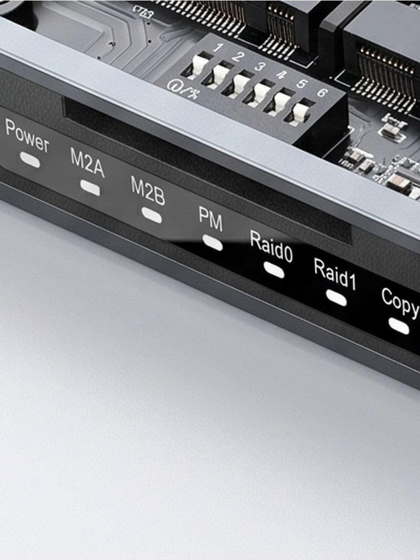 Internal dip switches (1-6) of the Switss® RAID Dual-Bay enclosure, close-up next to the PCB edge