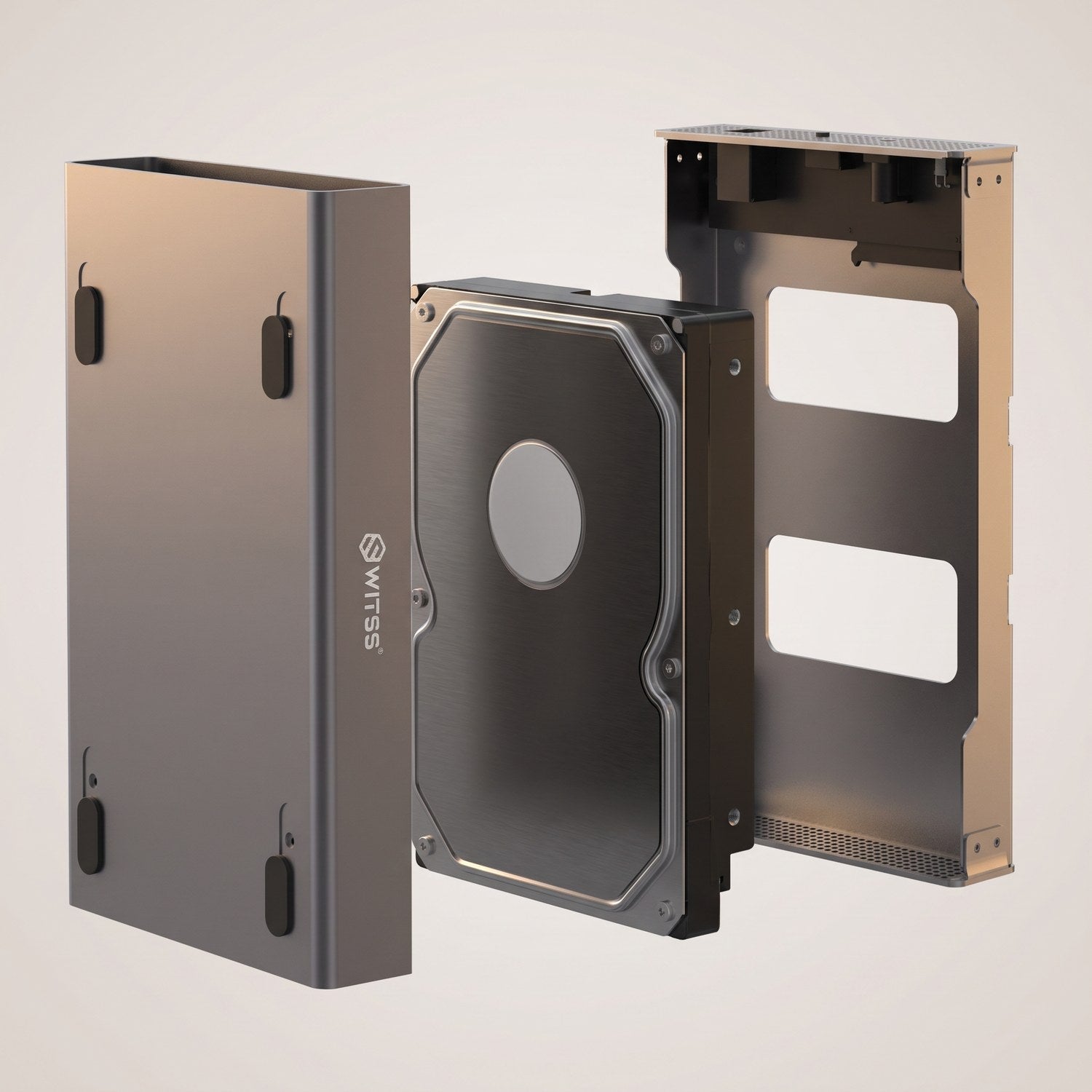 Enclosure next to a hard drive, drive being placed inside