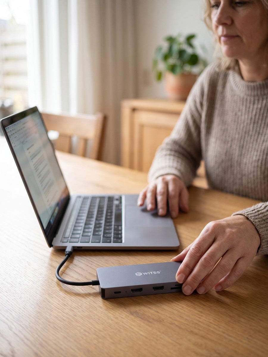 A home workspace with a laptop connected to the Switss 12-in-1 hub, a woman beside it