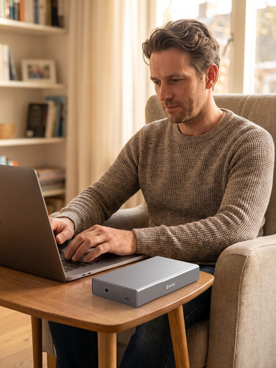 A man relaxed in an armchair with a laptop, the 3.5 inch enclosure on a side table