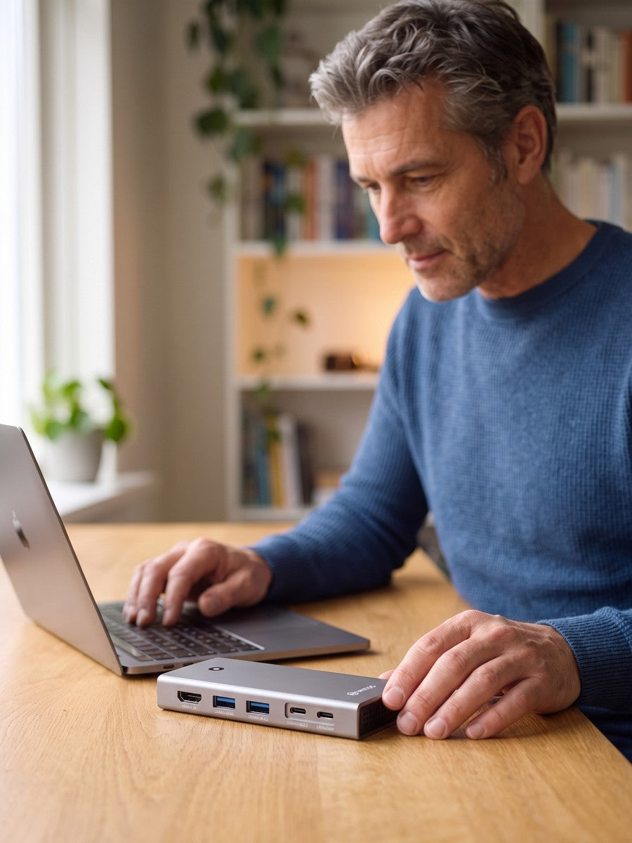 A man at a desk, the Switss dock connected to his laptop