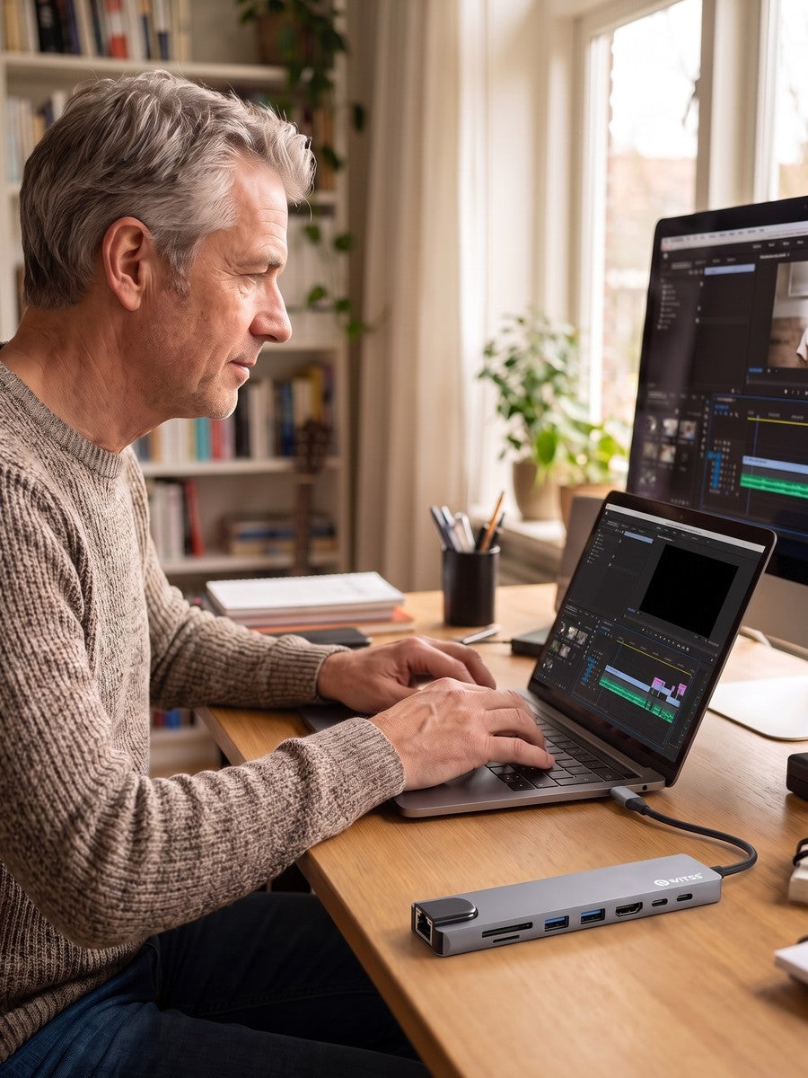 Man aan een bureau met monitor, de Switss hub met alle kabels aangesloten