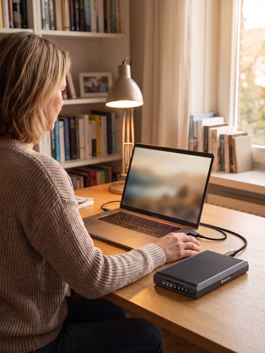 A woman at a desk with a laptop and the RAID enclosure within reach