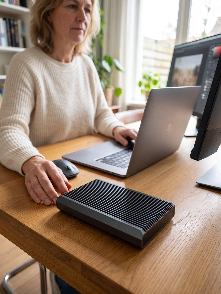 A woman works at a desk, the RAID enclosure stands prominently next to her laptop